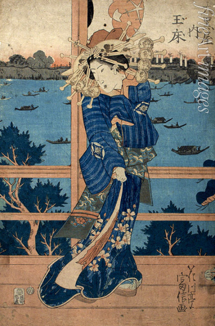 Hokusai Katsushika - Die Kurtisane mit Hafen im Hintergrund