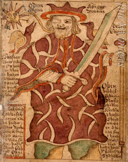 Unbekannter Künstler - Odin mit den beiden Raben Hugin und Munin und mit Waffen (aus dem isländischen Manuskript SÁM 66)