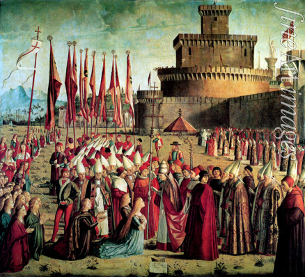 Carpaccio Vittore - Die Pilger werden von Papst Cyriacus vor den Wänden von Rom getroffen (Szenen aus dem Leben der heiligen Ursula)