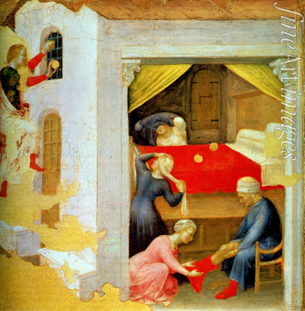 Gentile da Fabriano - Heiliger Nikolaus von Bari wirft der goldene Kugeln in das Zimmer der dreier armer Mädchen (aus dem Quaratesi-Polyptychon)