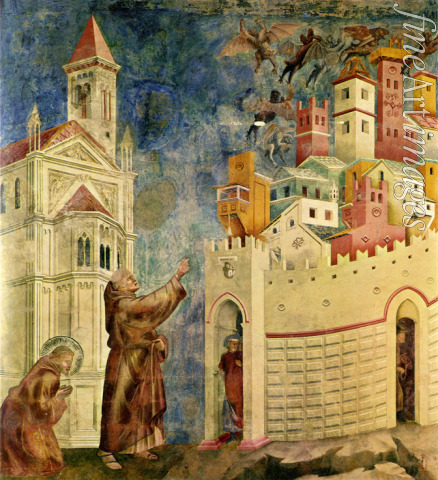 Giotto di Bondone - Die Vertreibung der Teufel aus Arezzo (Freskenzyklus der Franziskuslegende)