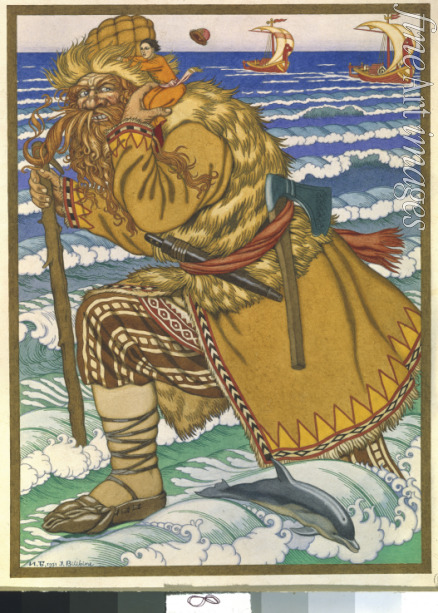 Bilibin Ivan Yakovlevich - The giant carried Ivan on his shoulders back across the sea