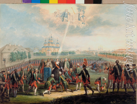 Unbekannter Künstler - Die jubelnde Begrüssung der Katharina II. von dem Ismailowski-Regiment am Tag der Palastrevolution am 28. Juni 1762