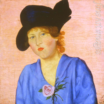 Popov Nikolai Nikolayevich - Portrait of a Lady wearing a blue hat