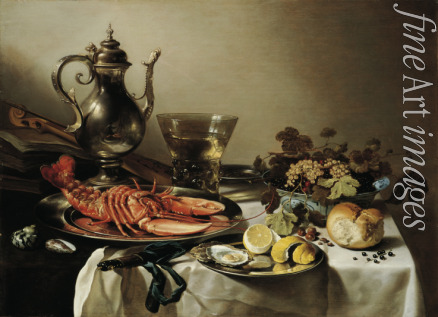 Claesz Pieter - Table with lobster, silver jug, big Berkemeyer, fruit bowl, violin and books