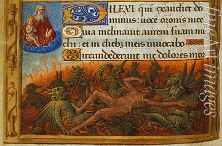Poyet Jean - Book of Hours, Detail: Dives tormented by demons and watched by the soul of Lazarus