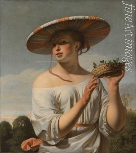 Everdingen Caesar Boëtius van - Junge Frau mit großem Hut und kleinem Pflaumenkorb