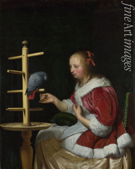 Mieris Frans van der Ältere - Junge Frau in roter Jacke einen Papagei fütternd