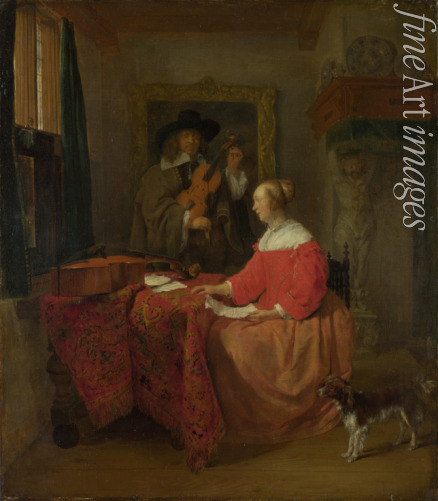 Metsu Gabriel - A Woman seated at a Table and a Man tuning a Violin