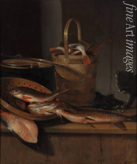 Vaillant Wallerant - Still life with fish and a cat