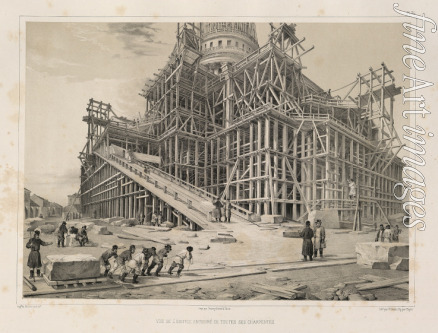 Montferrand Auguste de - Ansicht des Gebäudes umgeben von Gerüsten aus Holz (Aus: Der Bau der Isaakskathedrale)