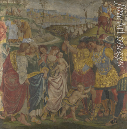 Signorelli Luca - Coriolanus persuaded by his Family to spare Rome (Frescoes from Palazzo del Magnifico, Siena) Veturia at the Feet of Coriolanus
