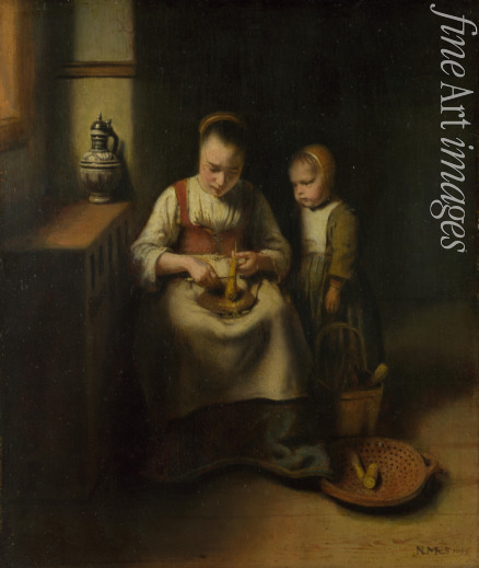 Maes Nicolaes - A Woman scraping Parsnips, with a Child standing by her