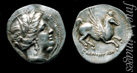 Numismatik Antike Münzen - Silberdrachme aus Emporion. Vorderseite: Kopf der Persephone. Rückseite: Pegasus