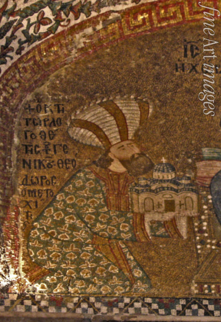 Byzantinischer Meister - Theodoros Metochites präsentiert das Modell der renovierten Chora-Kirche dem Christus Pantokrator (Detail)