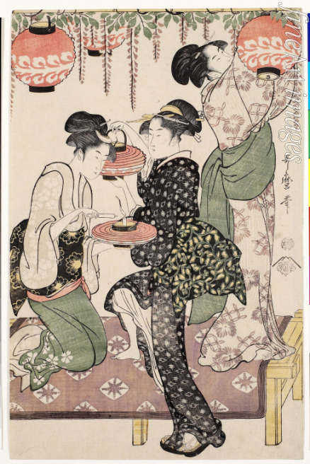 Utamaro Kitagawa - Teahouse girls under a wistaria espalier