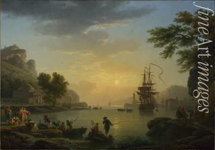 Vernet Claude Joseph - A Landscape at Sunset with Fishermen returning with their Catch