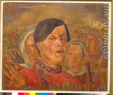 Grigoriev Boris Dmitryevich - Self-portrait with  the cock and the hen
