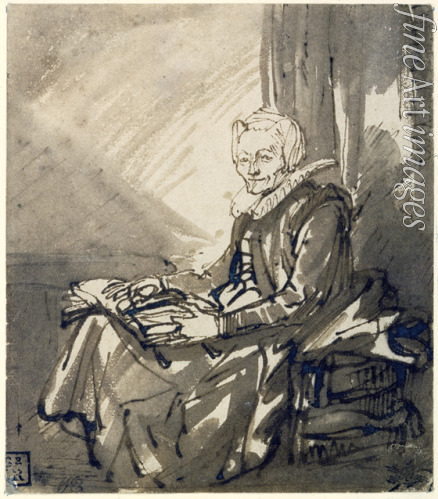 Rembrandt van Rhijn - Sitzende Frau mit Buch auf dem Schoß
