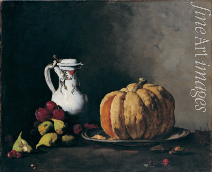 Ribot Théodule Augustin - Still Life with Pumpkin, Plums, Cherries, Figs and Jug