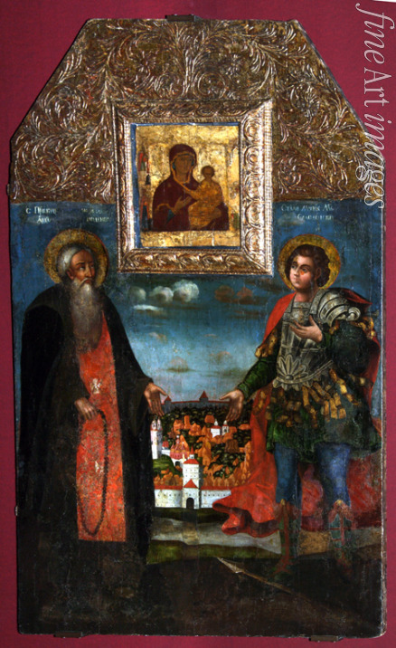 Russische Ikone - Gottesmutter Hodegetria von Smolensk mit Heiligen Abraham von Smolensk und Mercurius von Smolensk