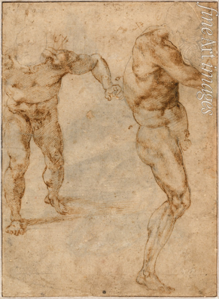 Buonarroti Michelangelo - Zwei Aktstudien eines nach vorne stürmenden und eines nach rechts gewandten Mannes