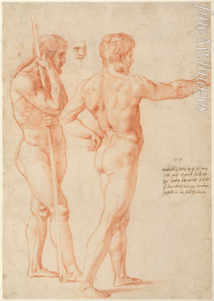 Raffael (Raffaello Sanzio da Urbino) - Zwei Männerakte mit Kopfstudie (Studie für die 