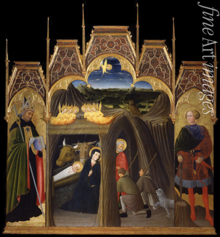 Pietro di Giovanni d'Ambrogio - Die Anbetung des Christuskindes mit Heiligen Augustin und Galgano