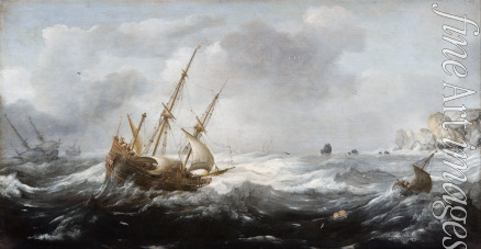 Porcellis Jan - Schiffe im Sturm an einer felsigen Küste