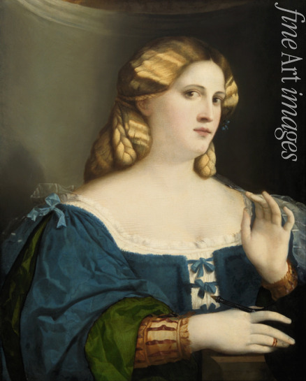 Palma il Vecchio Jacopo der Ältere - Junge Frau in blauem Kleid mit Fächer