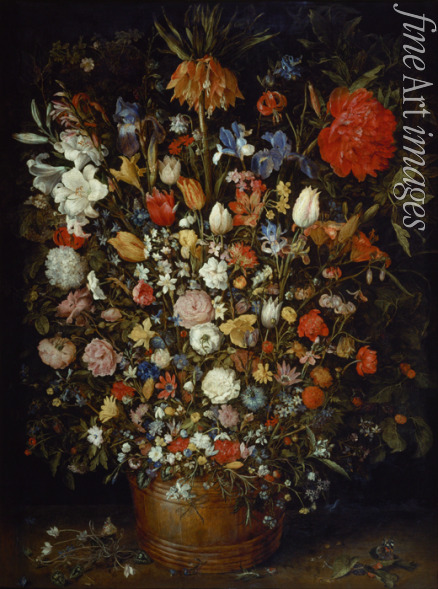 Brueghel Jan der Ältere - Großer Blumenstrauß in einem Holzgefäß