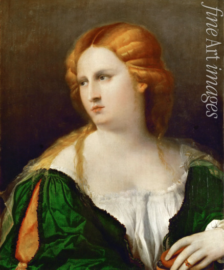 Palma il Vecchio Jacopo der Ältere - Junge Frau in grünem Kleid, in der Hand eine Schachtel