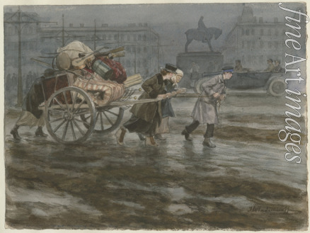 Vladimirov Ivan Alexeyevich - Family moving its belongings on cart (from the series of watercolors Russian revolution)