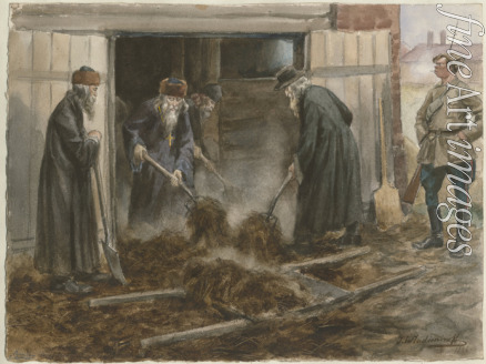 Vladimirov Ivan Alexeyevich - Russian clergy shoveling hay: September 1918 (from the series of watercolors Russian revolution)