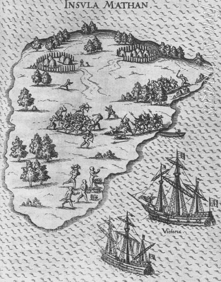Anonymous - Death of Magellan on the Philippine island of Mactan. (From Levinus Hulsius's Beschreibung der wunderbarsten vier Schiffahrten)