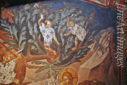 Meister Gerasime - Der Einzug Jesu in Jerusalem. Detail: Kinder schneiden Palmzweige