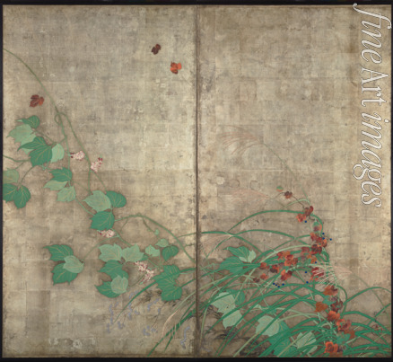 Hoitsu Sakai - Summer and autumn flower plants. (Part of the pair of two-fold screens)