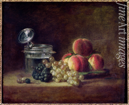 Chardin Jean-Baptiste Siméon - Stillleben mit einem Korb mit Pfirsichen, weißen und schwarzen Trauben und Weinglas