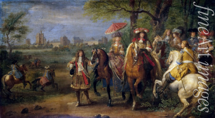 Meulen Adam Frans van der - Ludwig XIV. und Maria Theresia auf der Spazierfahrt beim Schloß Vincennes im Jahr 1669
