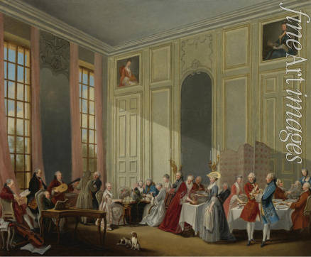 Ollivier Michel Barthélemy - Teegesellschaft beim Prinzen Conti im Vierspiegelsaal des Temple in Paris mit dem jungen Mozart am Flügel 1766