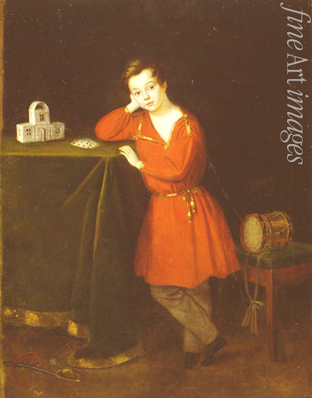 Russischer Meister - Junge in rotem Hemd mit Kartenhaus auf dem Tisch