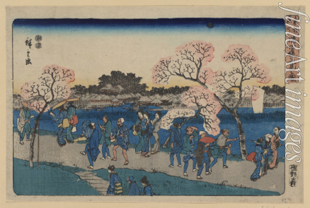 Hiroshige Utagawa - Kirschbäume in voller Blüte entlang des Sumida-Flusses. (Sumida tsutsumi hanami no zu)