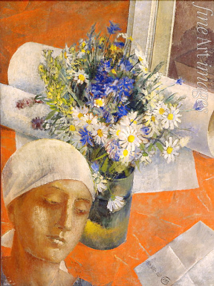 Petrov-Vodkin Kuzma Sergeyevich - Flowers and a Woman's head