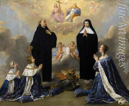 Champaigne Philippe de - Anna von Österreich mit Kinder vor heiligen Dreifaltigkeit mit heiligen Benedikt und Scholastika
