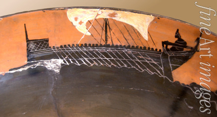 Antike Vasenmalerei Attische Kunst - Schiff auf der Innenseite einer Schale der Leagros-Gruppe. Attische Vasenmalerei