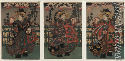 Unbekannter Künstler - Die Kurtisanen Shigeoka, Sugatano und Hanamurasaki. Triptychon. Aus der Serie Die Schönen von Yoshiwara