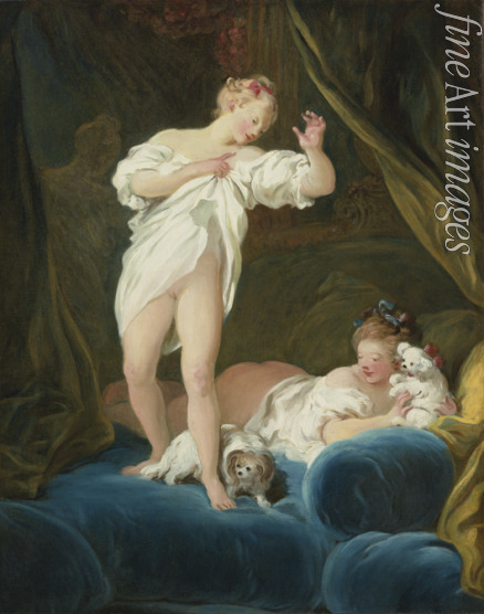 Fragonard Jean Honoré - Two Girls on a Bed Playing with their Dogs
