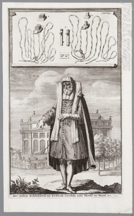 Luyken Jan (Johannes) - Jüdischer Mann, zum Gebet gekleidet. Mit der portugiesischen Synagoge von Amsterdam auf dem Hintergrund