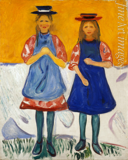 Munch Edvard - Zwei kleine Mädchen mit blauen Schürzen