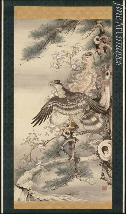 Shohaku Soga - Pair of Hawks with Branch and Blossoms